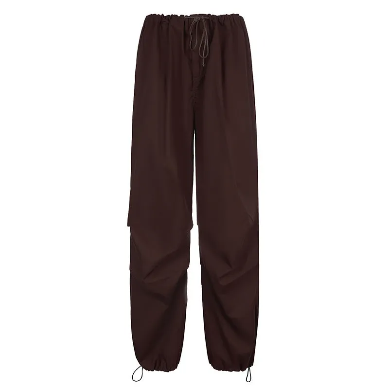 2022 wide leg mid-waist cargo pants loose multi-pockets retro drawstring pleated sweatpants