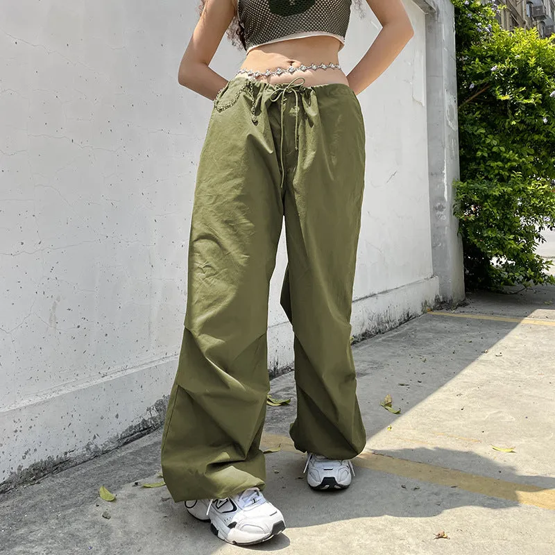 2022 wide leg mid-waist cargo pants loose multi-pockets retro drawstring pleated sweatpants