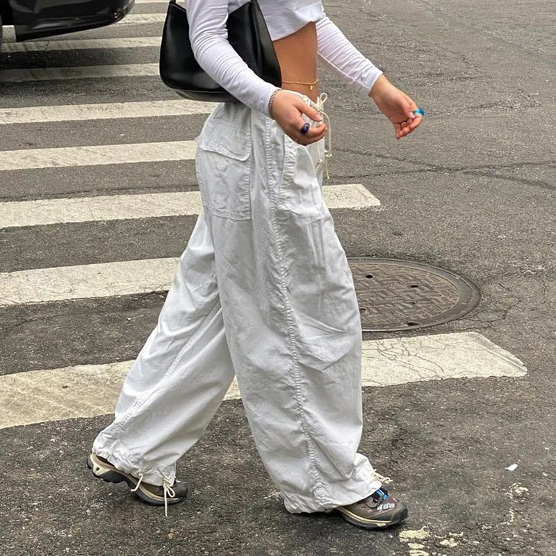 2022 wide leg mid-waist cargo pants loose multi-pockets retro drawstring pleated sweatpants