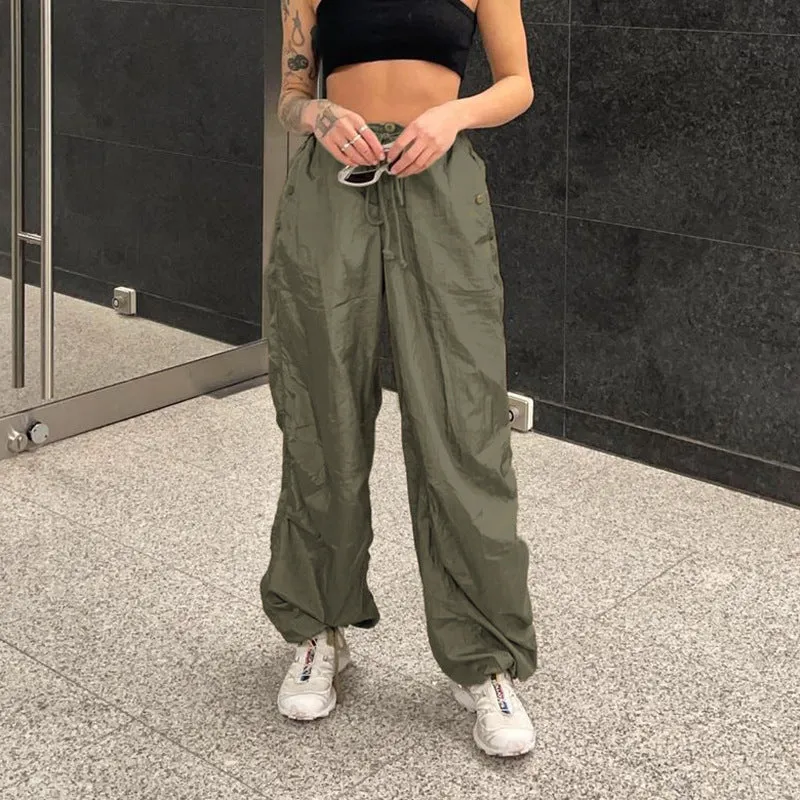 2022 wide leg mid-waist cargo pants loose multi-pockets retro drawstring pleated sweatpants