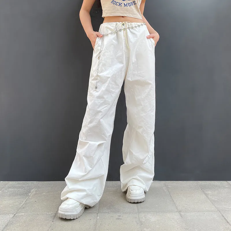 2022 wide leg mid-waist cargo pants loose multi-pockets retro drawstring pleated sweatpants