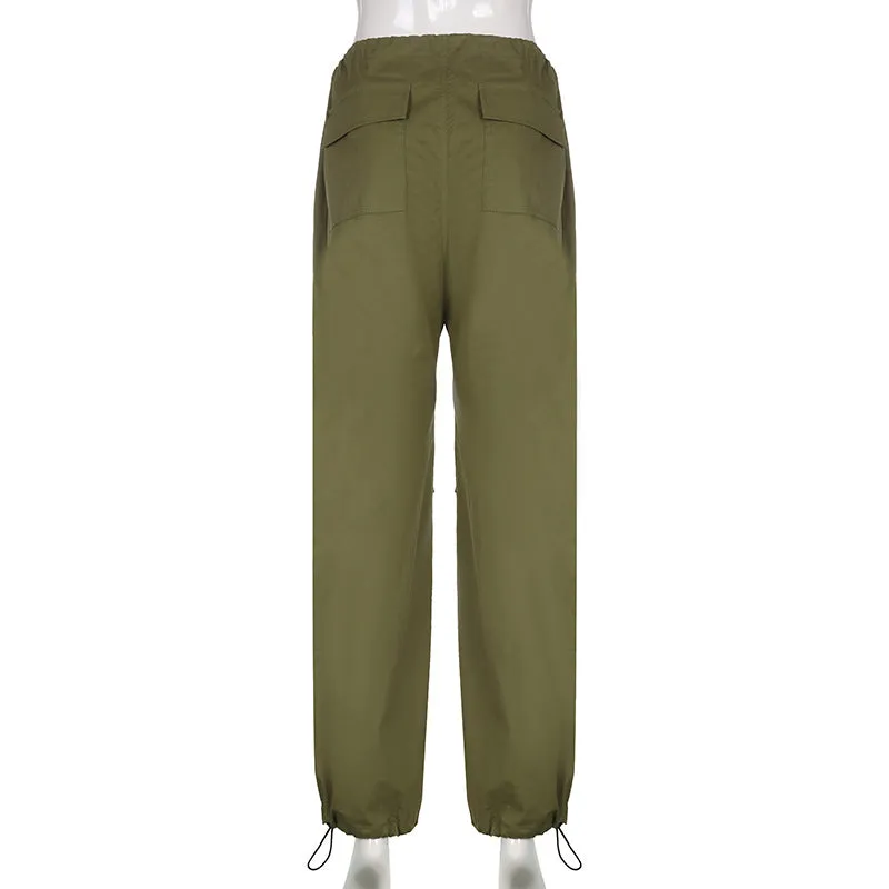 2022 wide leg mid-waist cargo pants loose multi-pockets retro drawstring pleated sweatpants