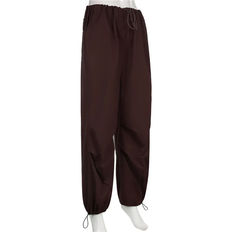 2022 wide leg mid-waist cargo pants loose multi-pockets retro drawstring pleated sweatpants