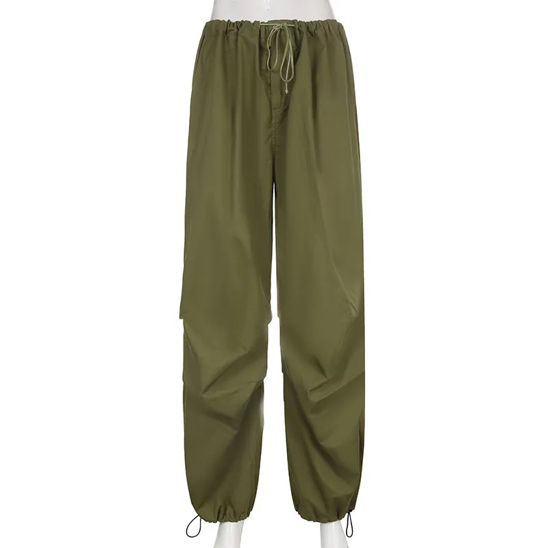 2022 wide leg mid-waist cargo pants loose multi-pockets retro drawstring pleated sweatpants