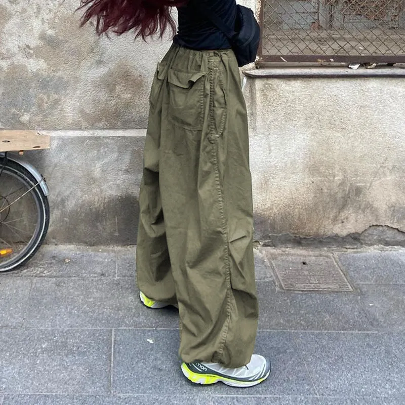 2022 wide leg mid-waist cargo pants loose multi-pockets retro drawstring pleated sweatpants