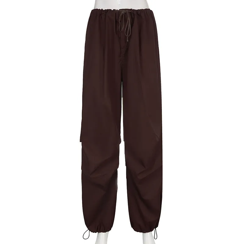 2022 wide leg mid-waist cargo pants loose multi-pockets retro drawstring pleated sweatpants