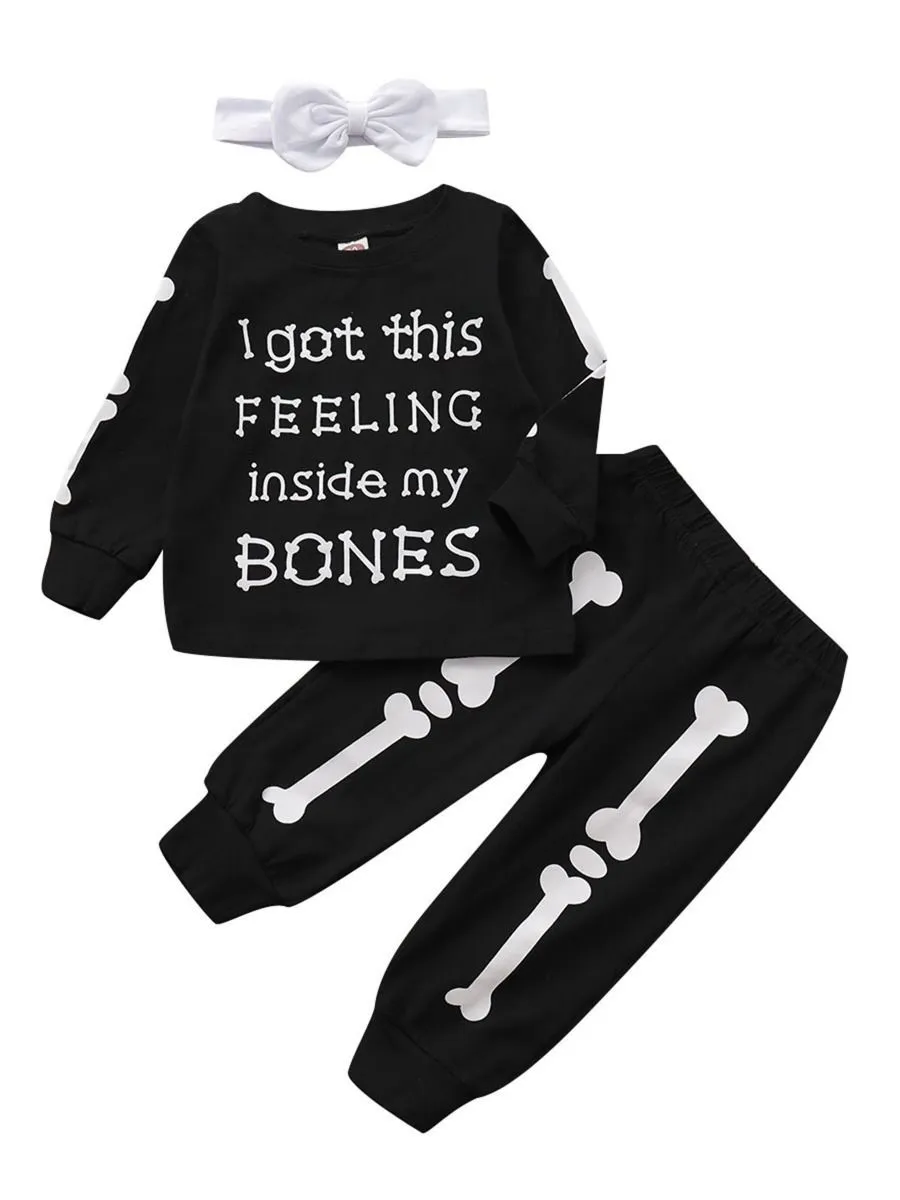 3-Piece Round-neck Bone Letters Halloween Outfits Long-sleeved Shirt Pants Headband