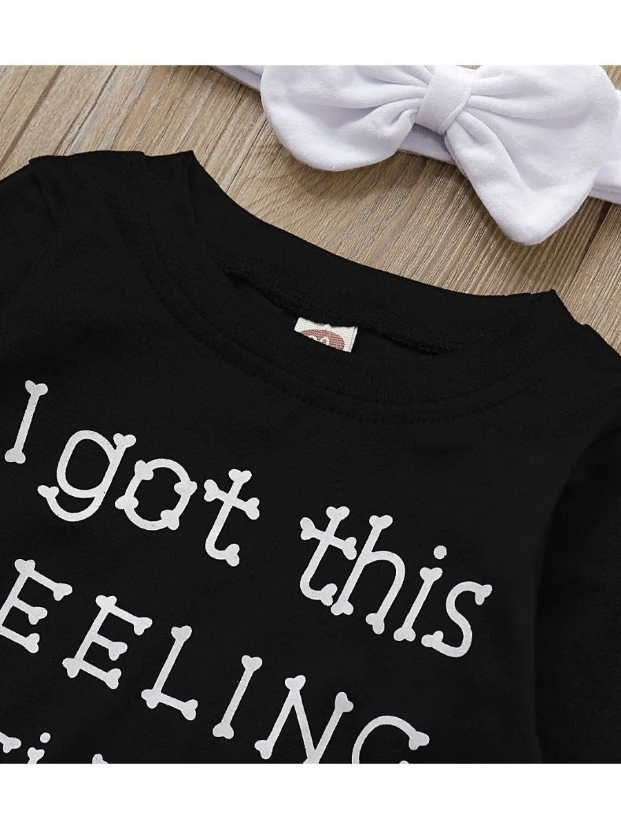 3-Piece Round-neck Bone Letters Halloween Outfits Long-sleeved Shirt Pants Headband