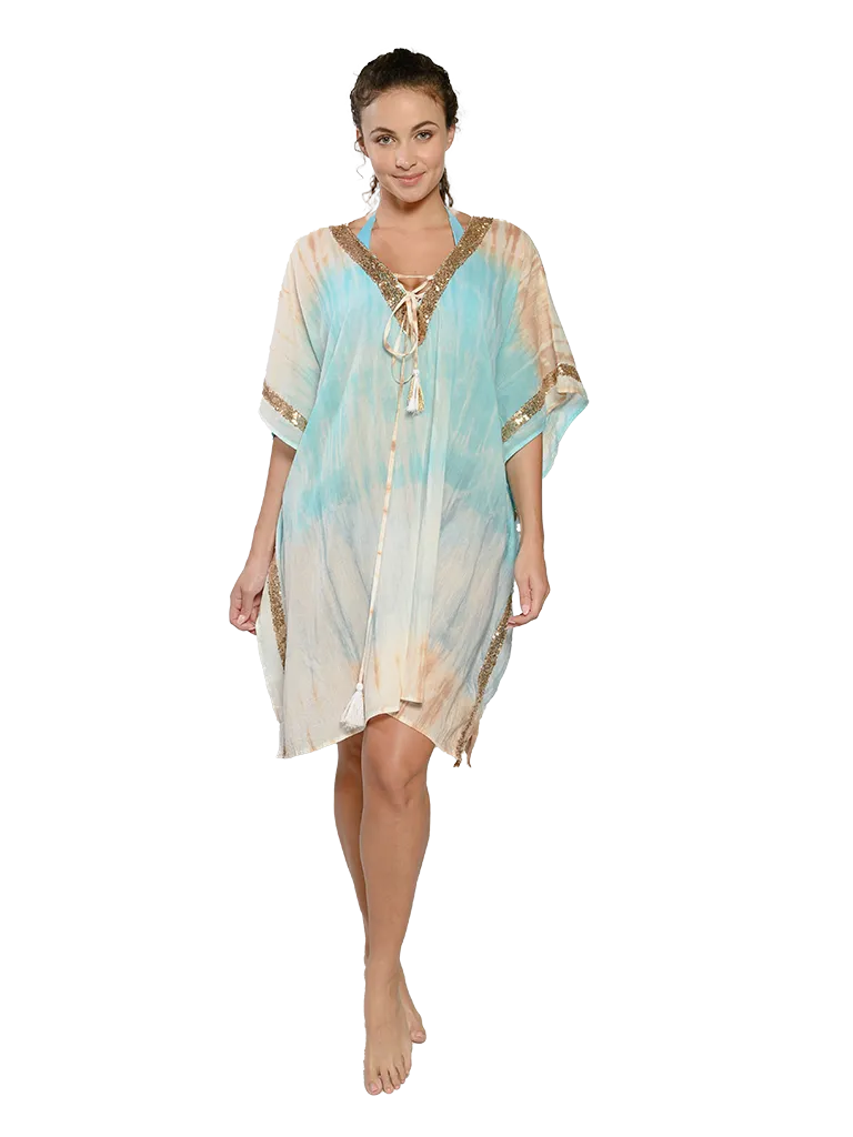 A turquoise to flesh tie dye kaftan with sparkling details