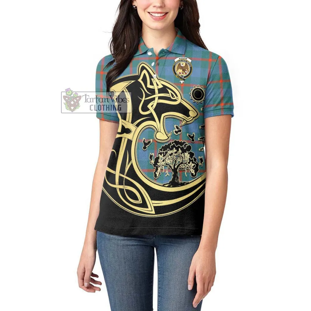 Agnew Ancient Tartan Women's Polo Shirt with Family Crest Celtic Wolf Style