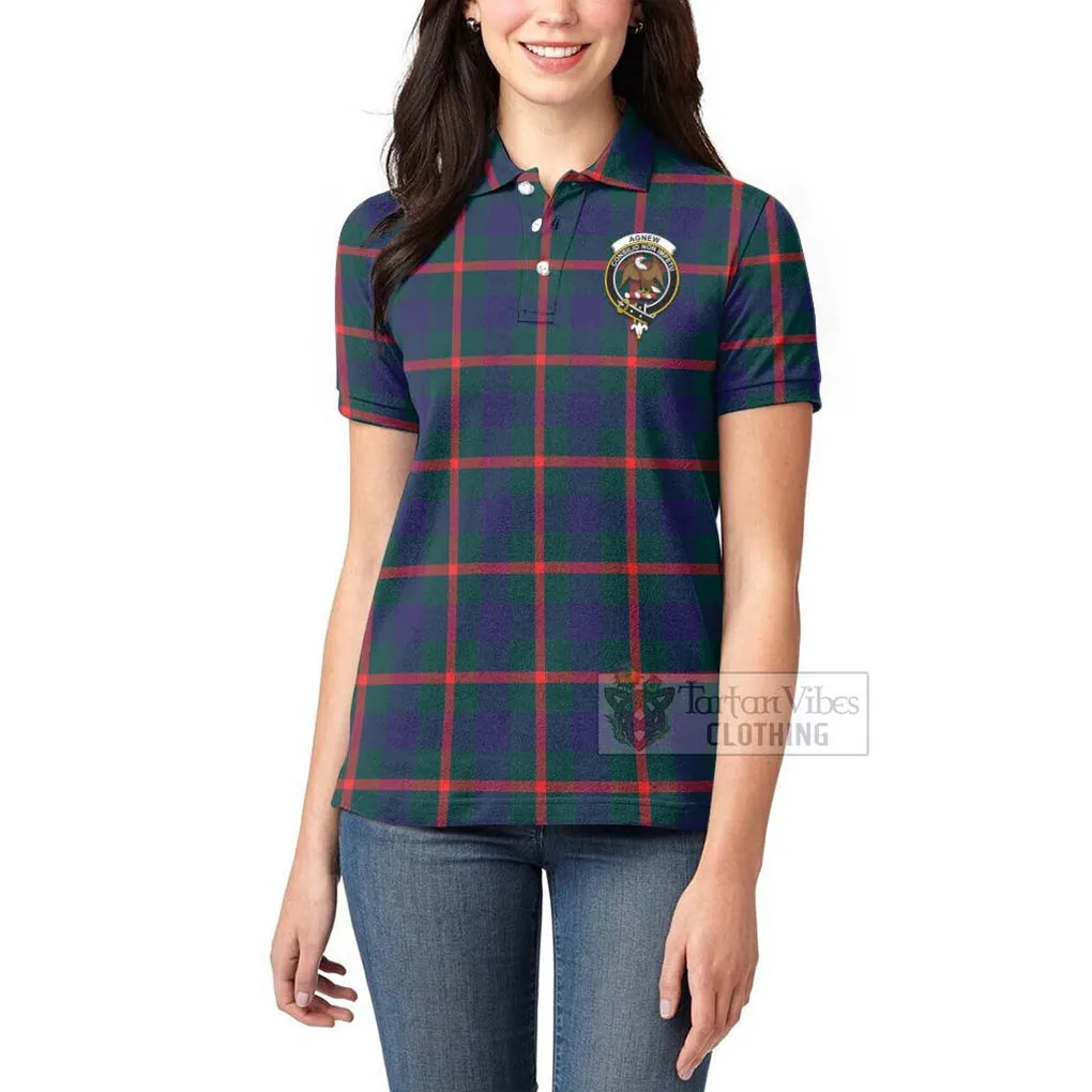 Agnew Tartan Women's Polo Shirt with Family Crest and Bearded Skull Holding Bottles of Whiskey