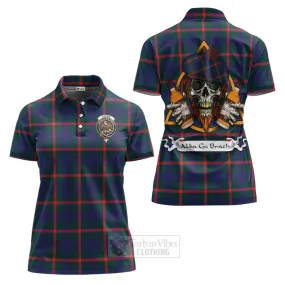 Agnew Tartan Women's Polo Shirt with Family Crest and Bearded Skull Holding Bottles of Whiskey