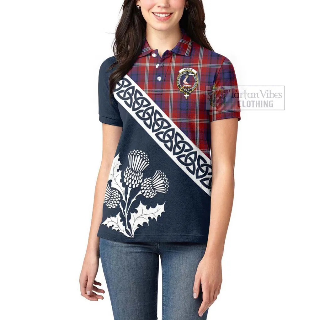 Ainslie Tartan Women's Polo Shirt Featuring Thistle and Scotland Map