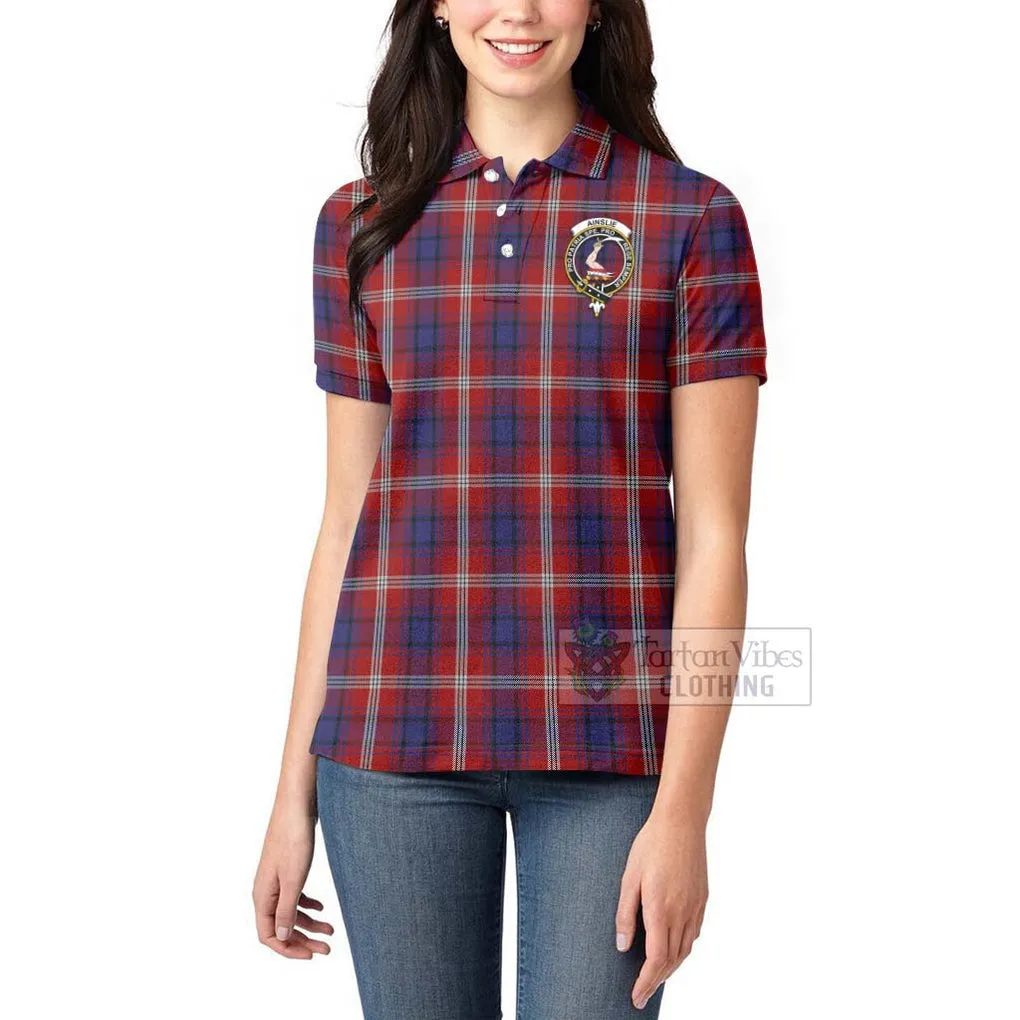 Ainslie Tartan Women's Polo Shirt with Family Crest and Bearded Skull Holding Bottles of Whiskey