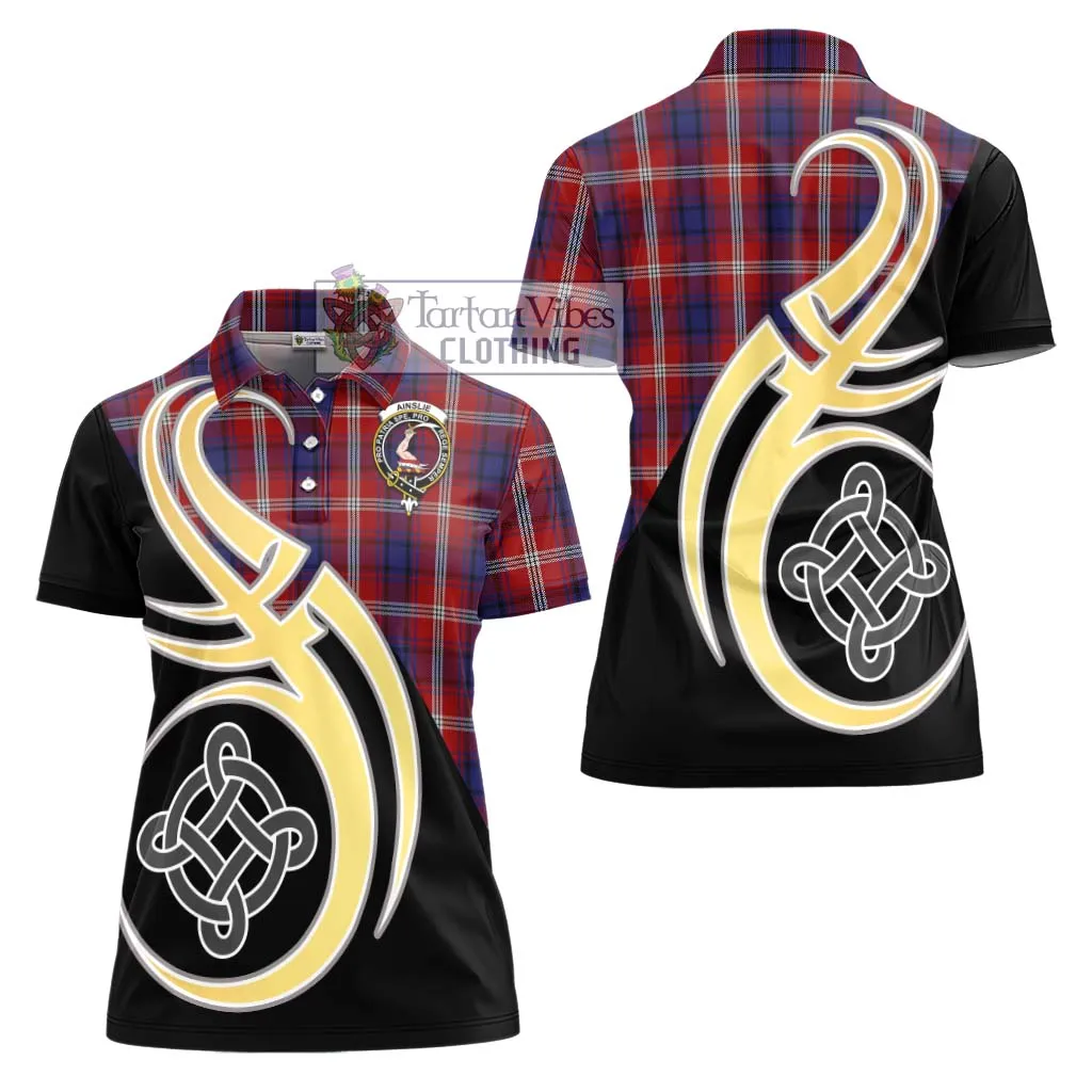 Ainslie Tartan Women's Polo Shirt with Family Crest and Celtic Symbol Style