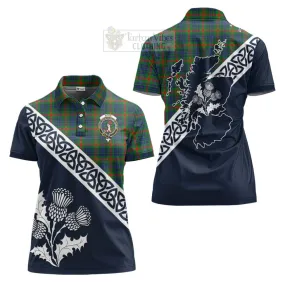 Aiton Tartan Women's Polo Shirt Featuring Thistle and Scotland Map