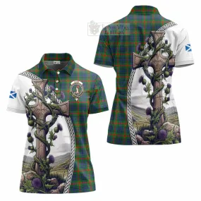 Aiton Tartan Women's Polo Shirt with Family Crest and St. Andrew's Cross Accented by Thistle Vines