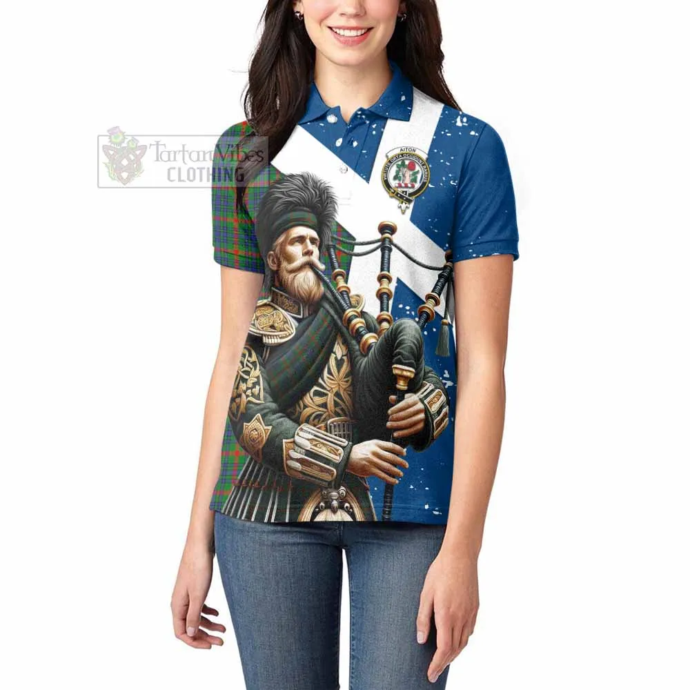 Aiton Tartan Women's Polo Shirt with Family Crest Scottish Bagpiper Vibes