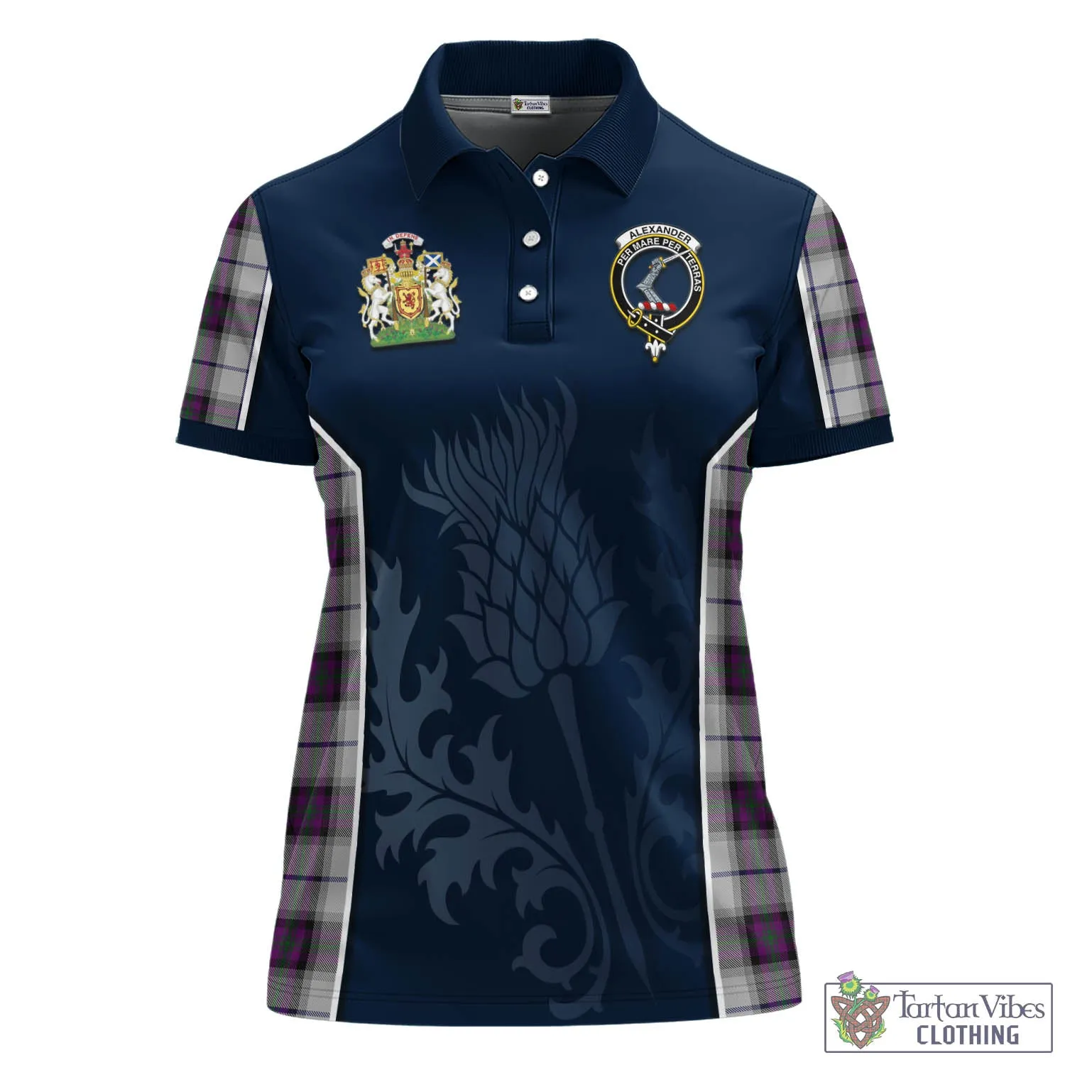 Alexander of Menstry Dress Tartan Women's Polo Shirt with Family Crest and Scottish Thistle Vibes Sport Style