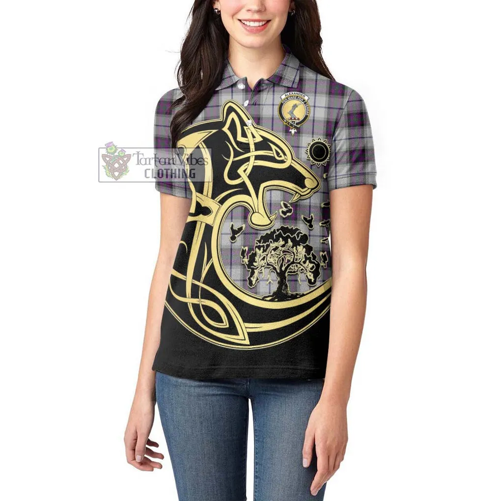 Alexander of Menstry Dress Tartan Women's Polo Shirt with Family Crest Celtic Wolf Style