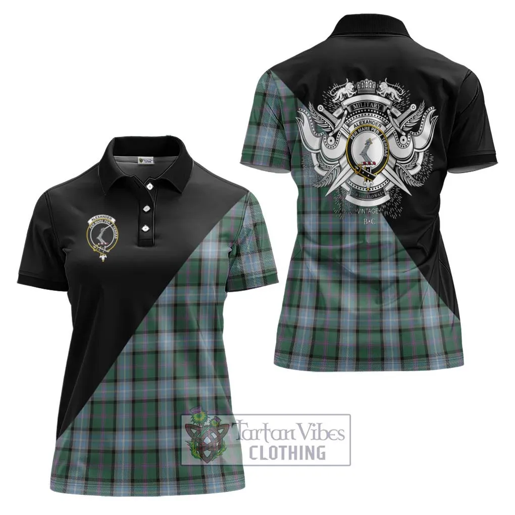 Alexander of Menstry Hunting Tartan Women's Polo Shirt with Family Crest and Military Logo Style