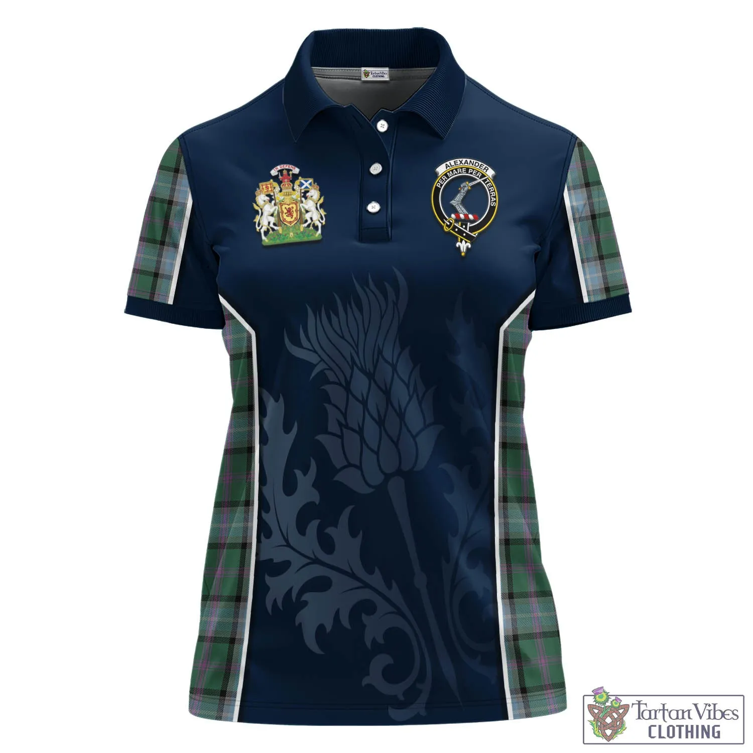 Alexander of Menstry Hunting Tartan Women's Polo Shirt with Family Crest and Scottish Thistle Vibes Sport Style