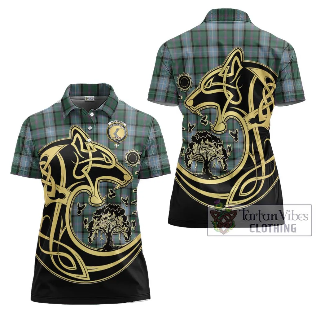 Alexander of Menstry Hunting Tartan Women's Polo Shirt with Family Crest Celtic Wolf Style