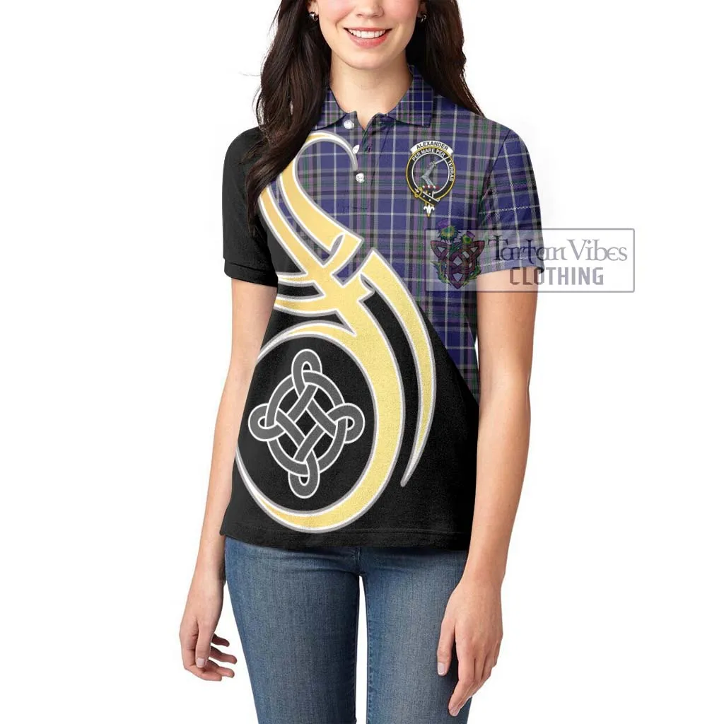 Alexander of Menstry Tartan Women's Polo Shirt with Family Crest and Celtic Symbol Style