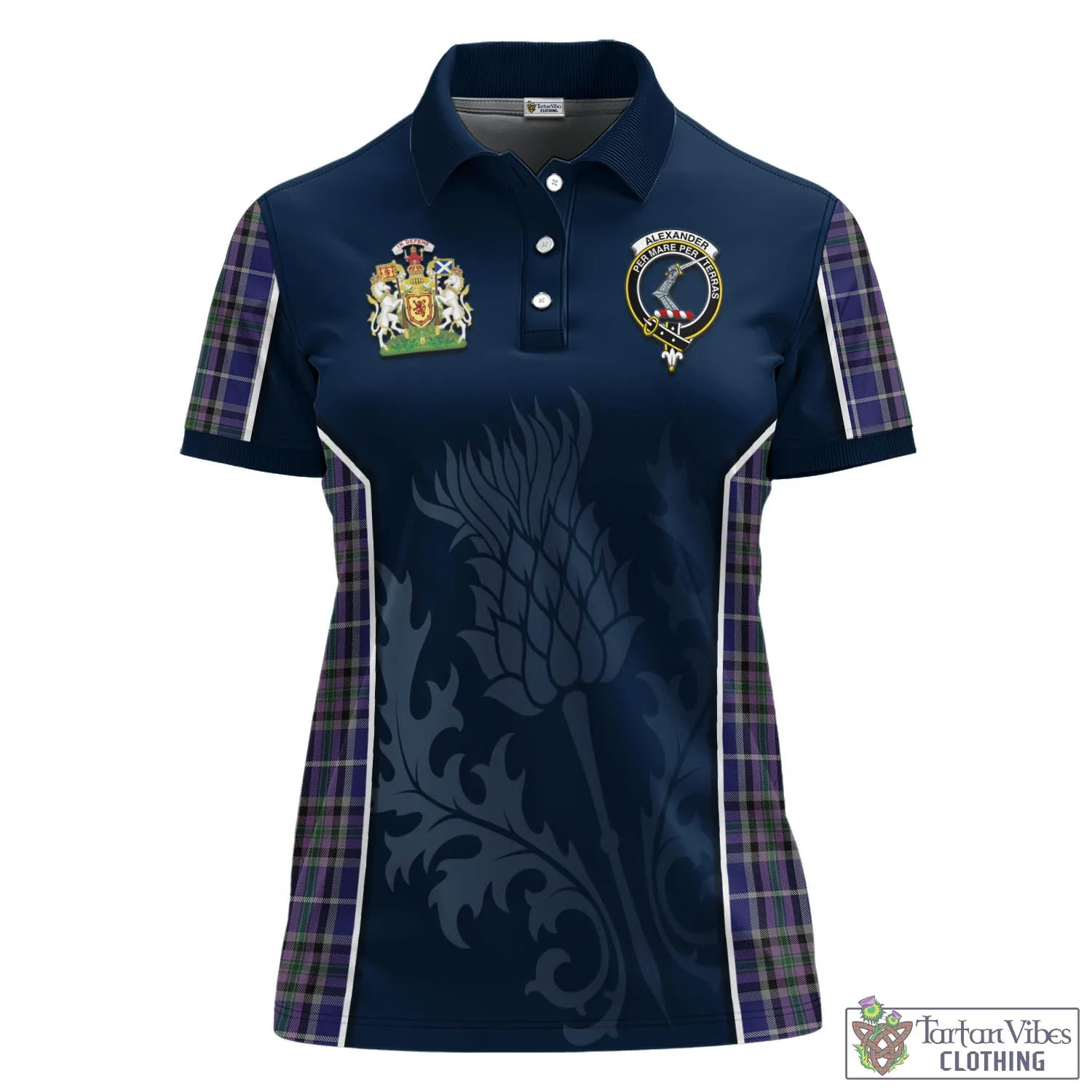 Alexander of Menstry Tartan Women's Polo Shirt with Family Crest and Scottish Thistle Vibes Sport Style