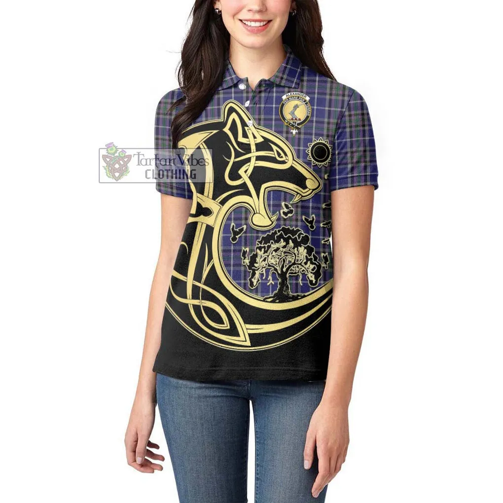 Alexander of Menstry Tartan Women's Polo Shirt with Family Crest Celtic Wolf Style