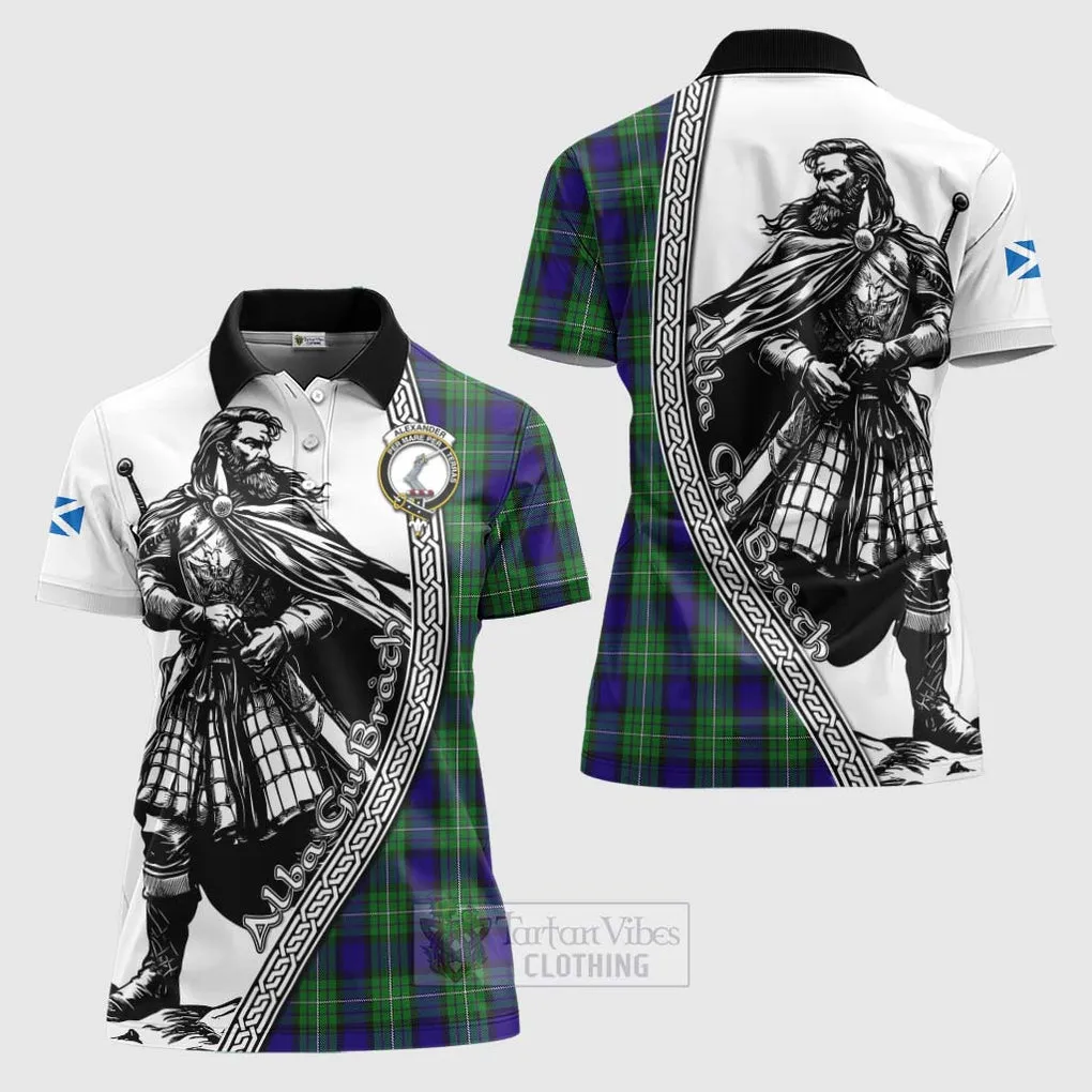 Alexander Tartan Clan Crest Women's Polo Shirt with Highlander Warrior Celtic Style