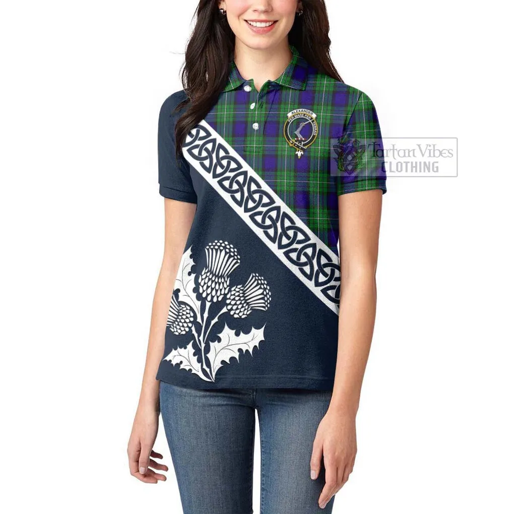 Alexander Tartan Women's Polo Shirt Featuring Thistle and Scotland Map