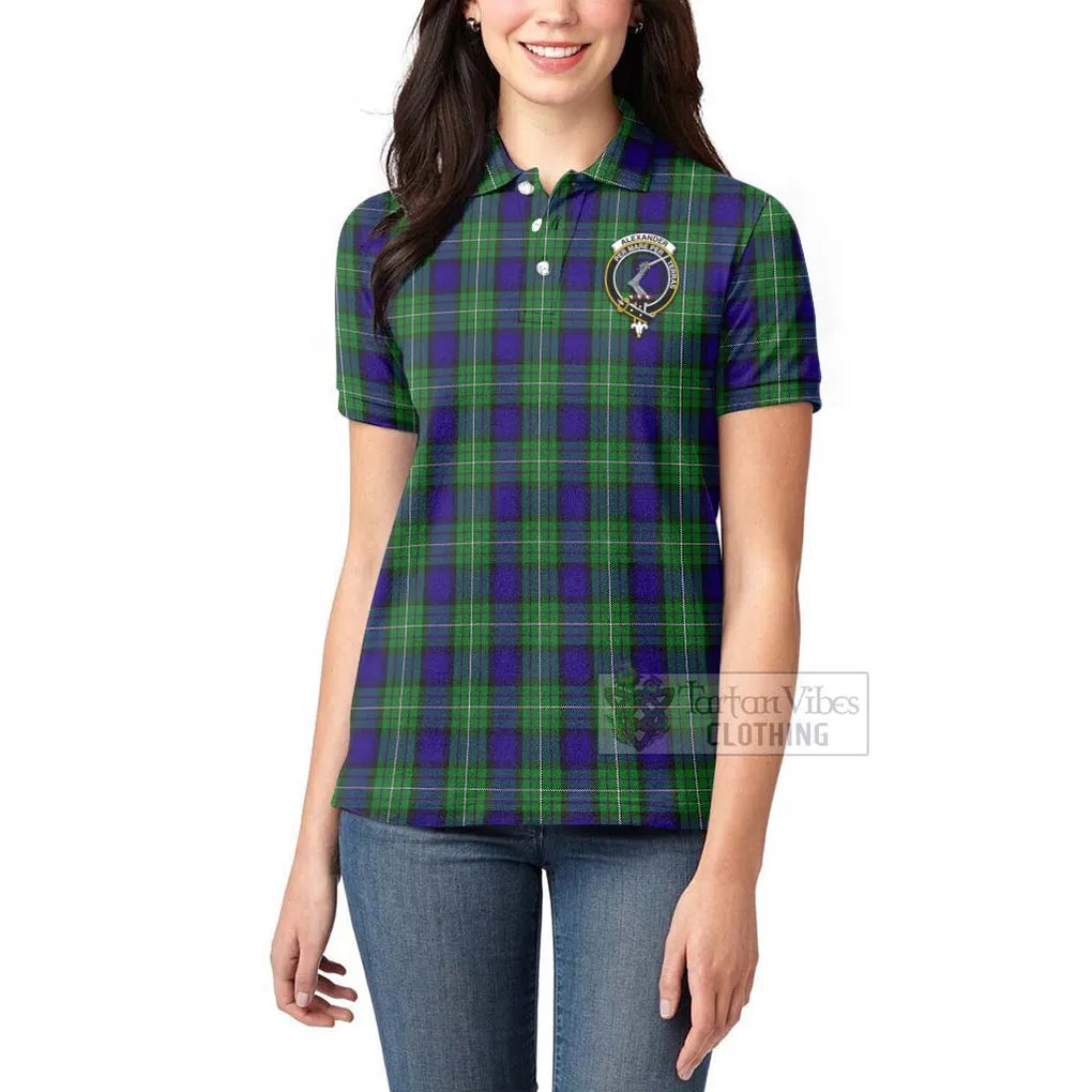 Alexander Tartan Women's Polo Shirt with Family Crest and Bearded Skull Holding Bottles of Whiskey