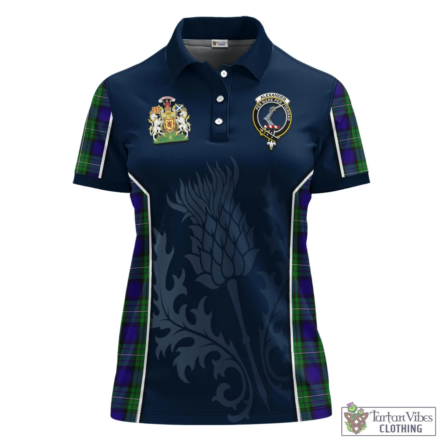 Alexander Tartan Women's Polo Shirt with Family Crest and Scottish Thistle Vibes Sport Style