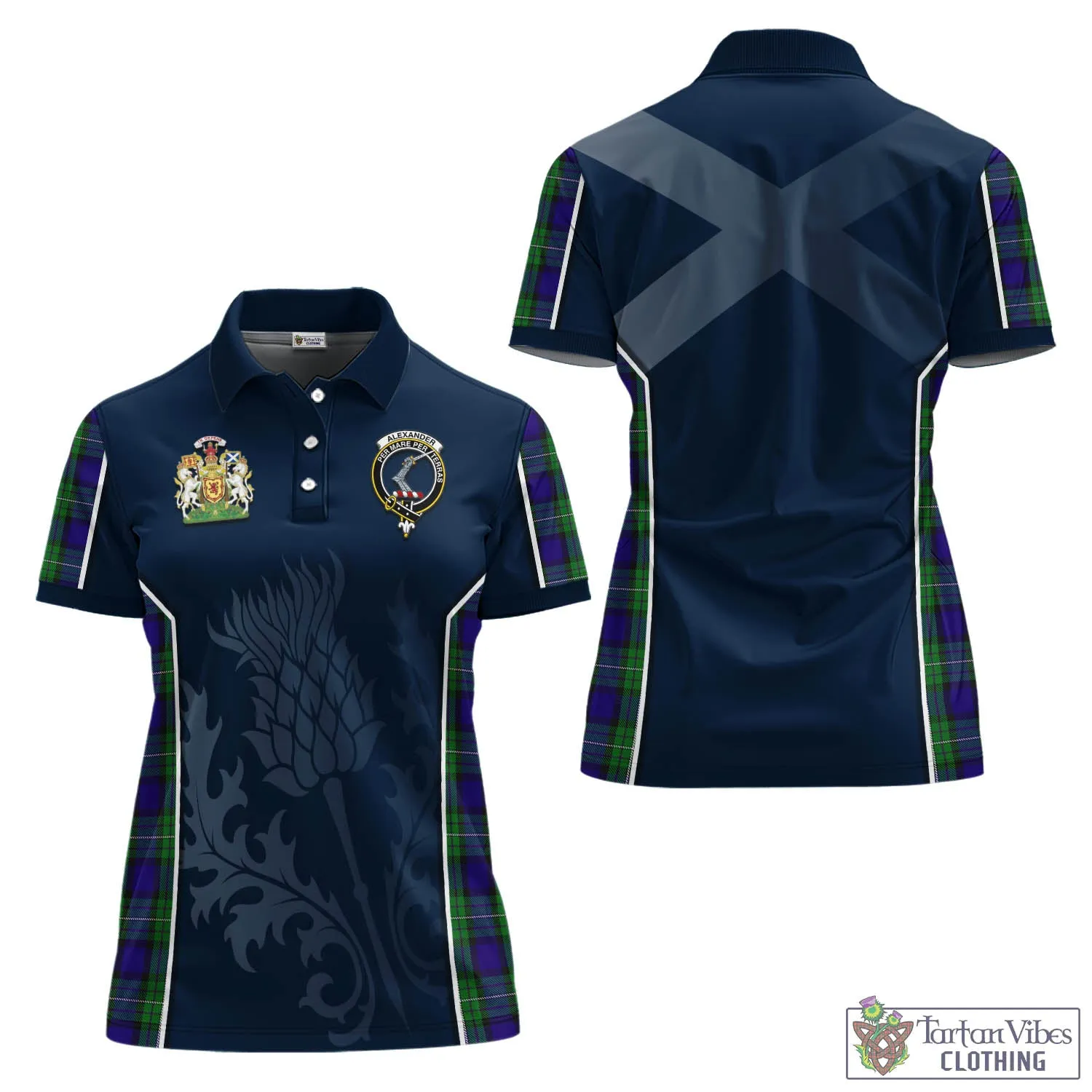 Alexander Tartan Women's Polo Shirt with Family Crest and Scottish Thistle Vibes Sport Style