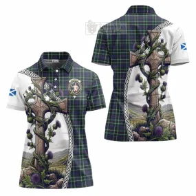 Allardice Tartan Women's Polo Shirt with Family Crest and St. Andrew's Cross Accented by Thistle Vines