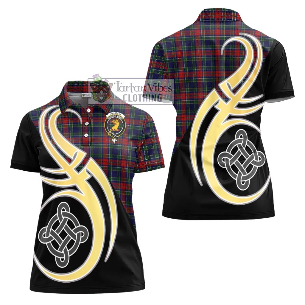 Allison Red Tartan Women's Polo Shirt with Family Crest and Celtic Symbol Style