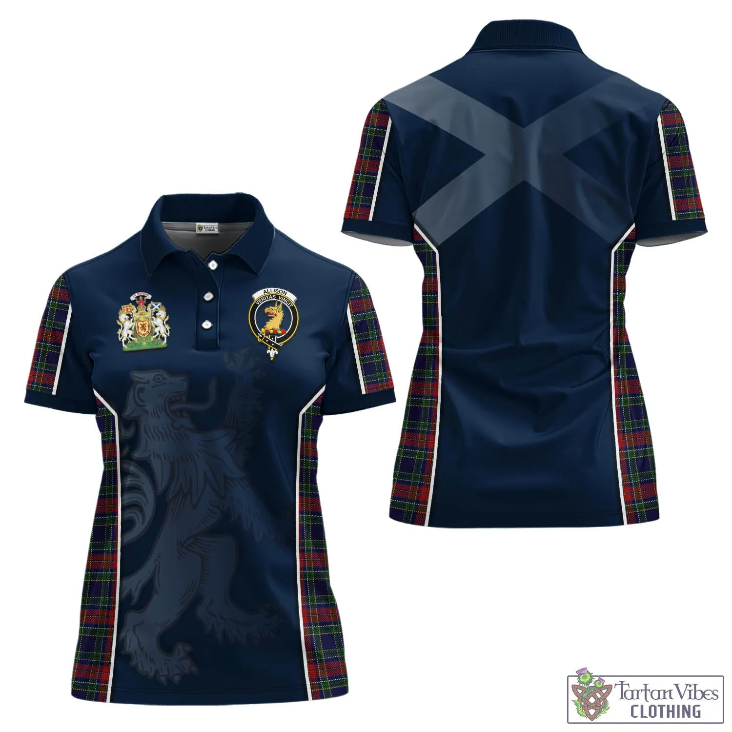 Allison Red Tartan Women's Polo Shirt with Family Crest and Lion Rampant Vibes Sport Style