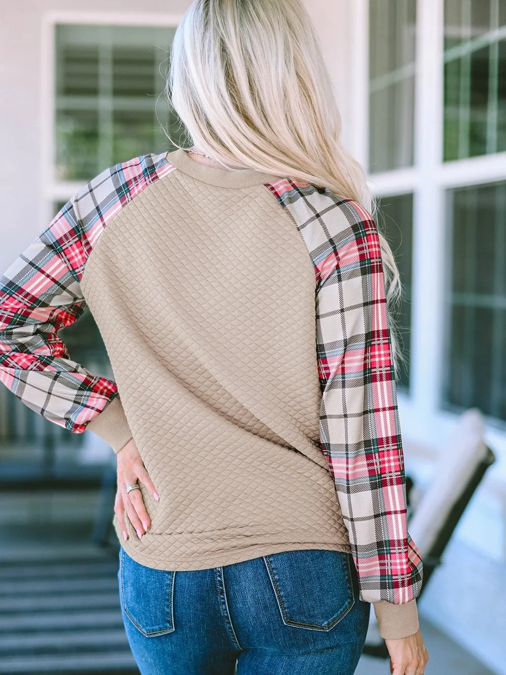 Apricot Patchwork Raglan Sleeve Quilted Sweatshirt