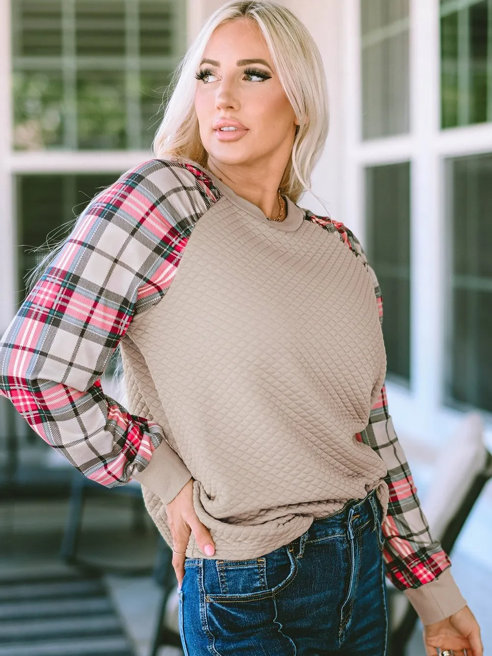 Apricot Patchwork Raglan Sleeve Quilted Sweatshirt