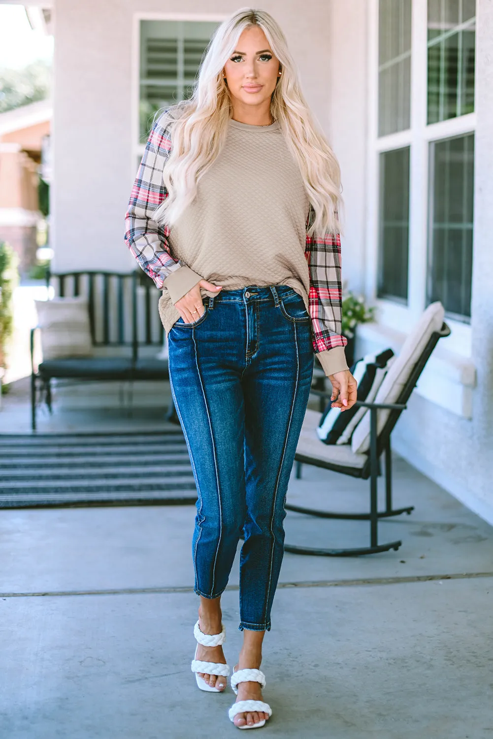 Apricot Plaid Raglan Sleeve Sweatshirt