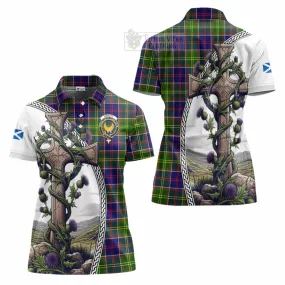 Arnott Tartan Women's Polo Shirt with Family Crest and St. Andrew's Cross Accented by Thistle Vines