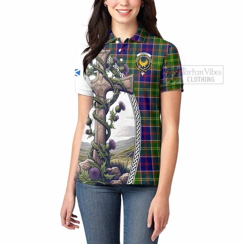 Arnott Tartan Women's Polo Shirt with Family Crest and St. Andrew's Cross Accented by Thistle Vines