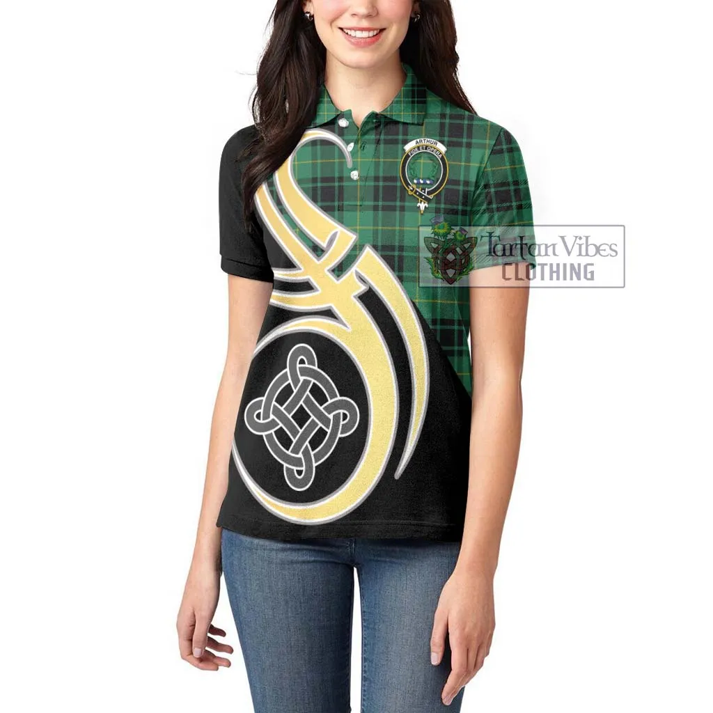 Arthur Ancient Tartan Women's Polo Shirt with Family Crest and Celtic Symbol Style