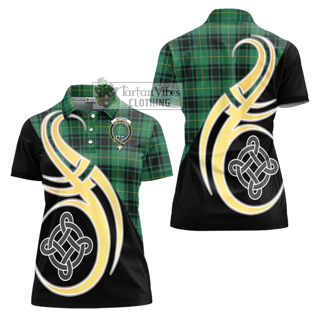 Arthur Ancient Tartan Women's Polo Shirt with Family Crest and Celtic Symbol Style