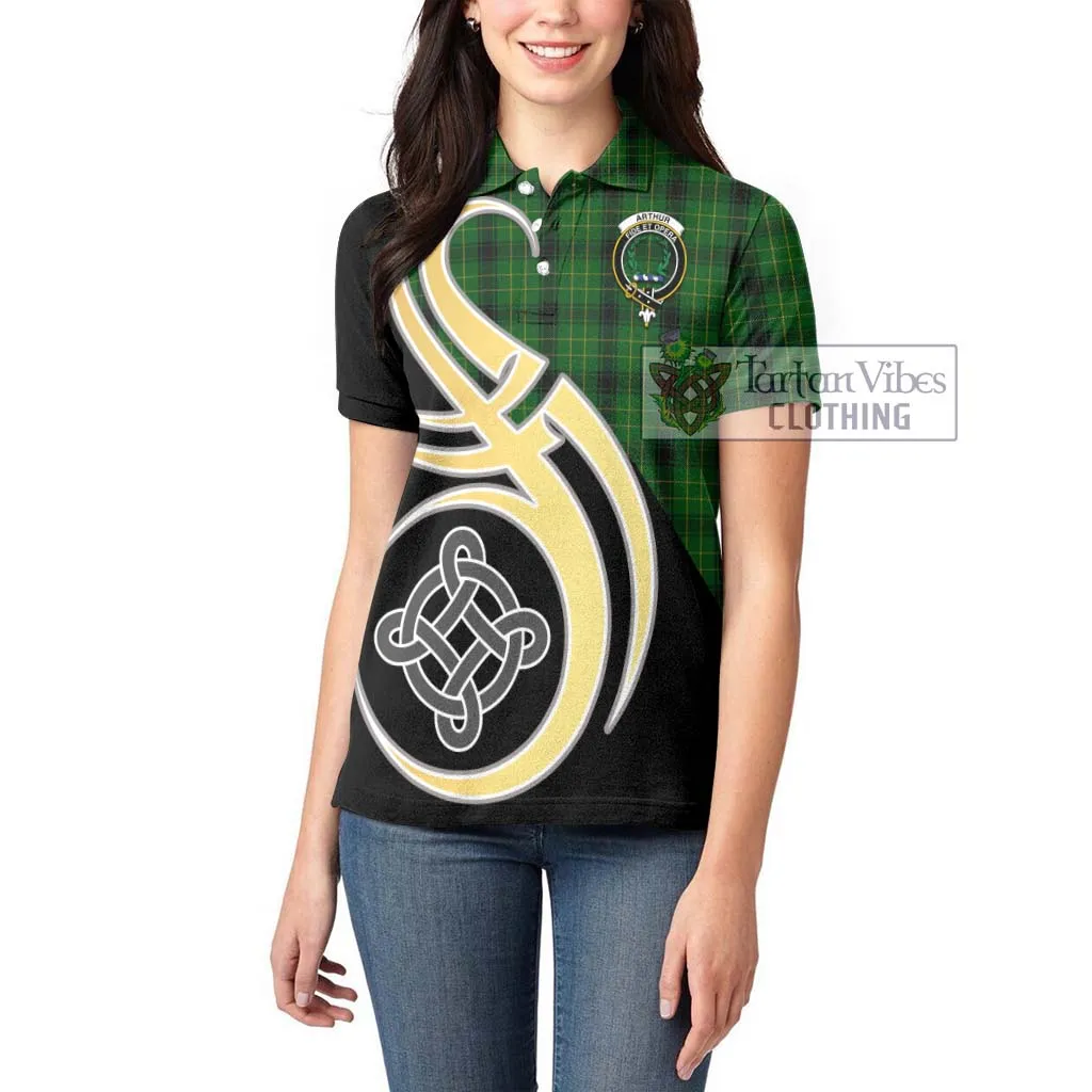 Arthur Highland Tartan Women's Polo Shirt with Family Crest and Celtic Symbol Style