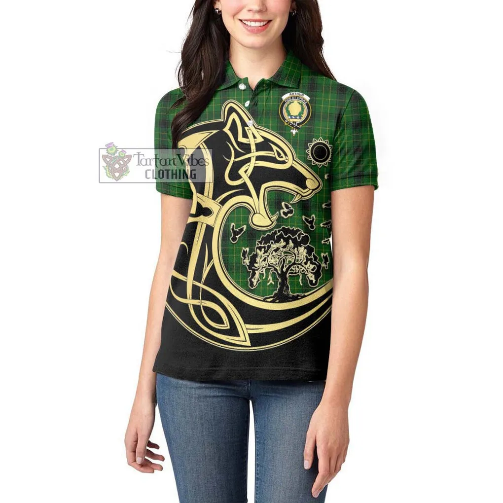 Arthur Highland Tartan Women's Polo Shirt with Family Crest Celtic Wolf Style