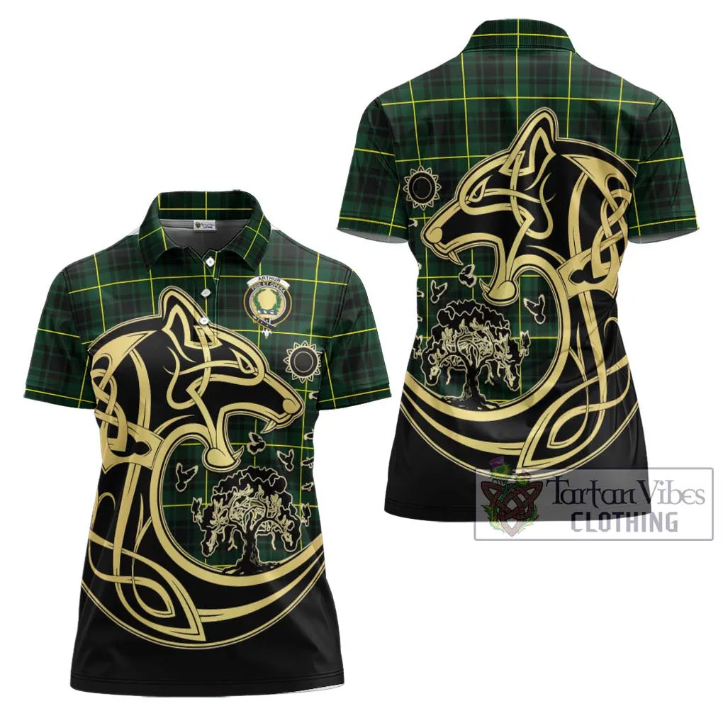 Arthur Modern Tartan Women's Polo Shirt with Family Crest Celtic Wolf Style