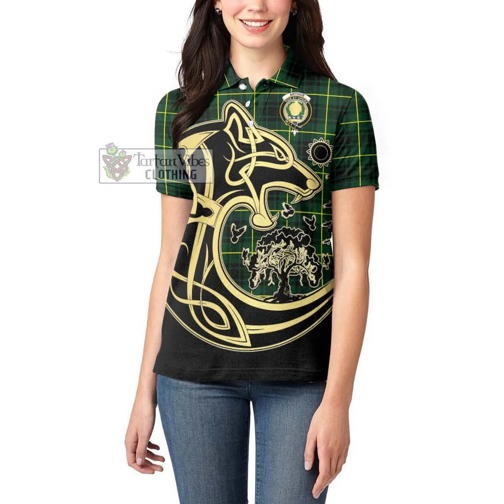 Arthur Modern Tartan Women's Polo Shirt with Family Crest Celtic Wolf Style