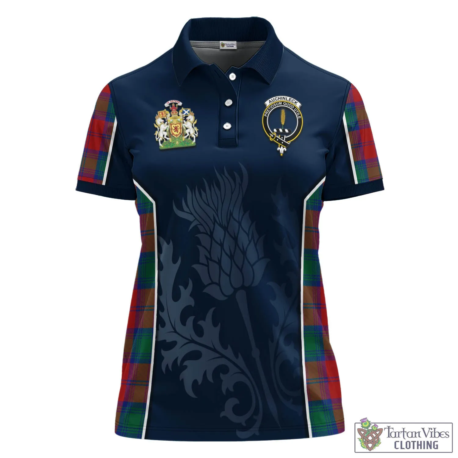 Auchinleck (Affleck) Tartan Women's Polo Shirt with Family Crest and Scottish Thistle Vibes Sport Style